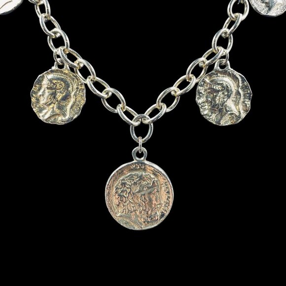 Vintage Style Gold Tone Chain Necklace With Multiple Roman Coin Charms Boho  18" - Picture 2 of 8
